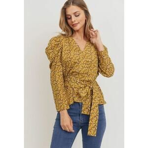 Alice Blue Women's Sz S Floral Print 3/4 Puff Sleeve Wrap Top Tie Waist Mustard